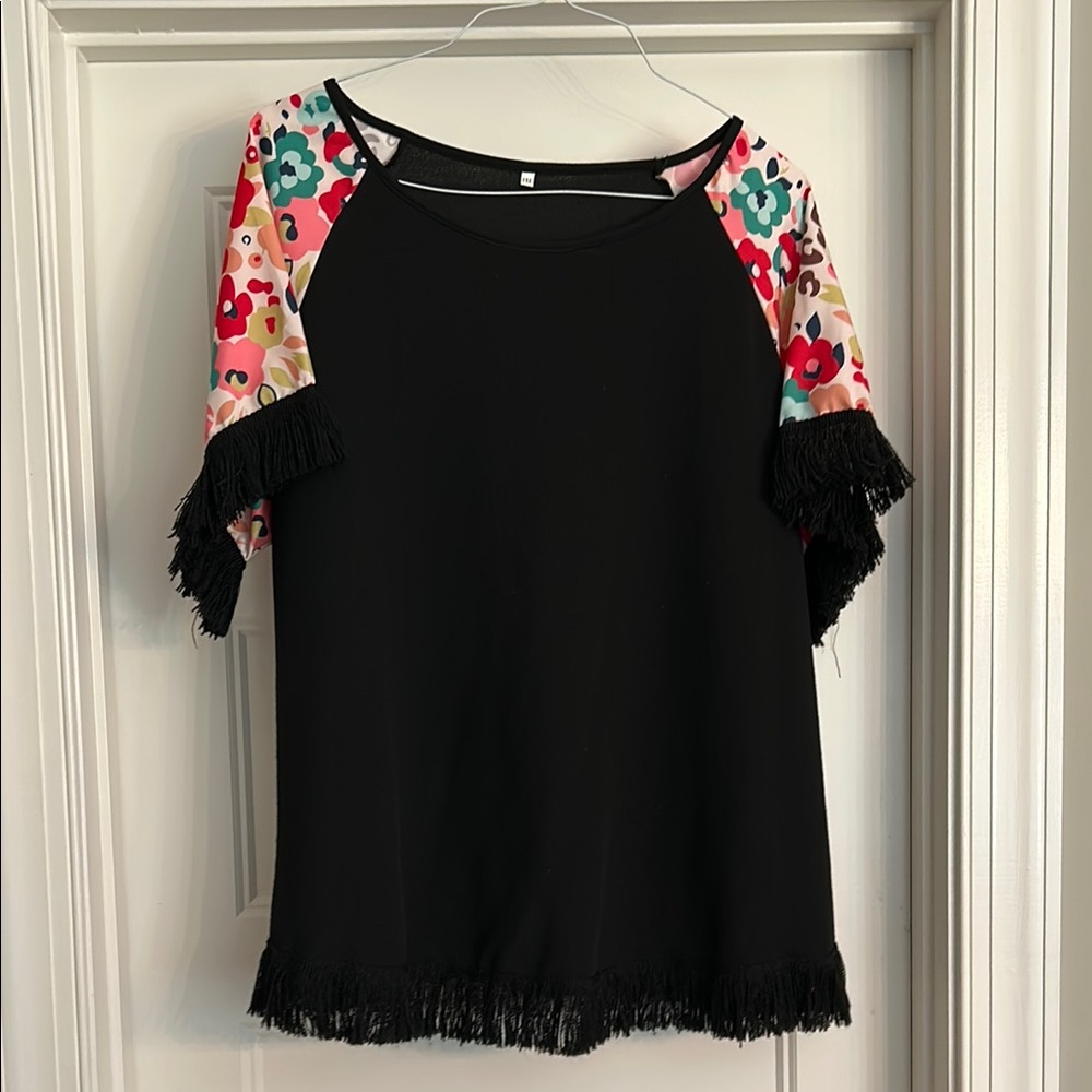 Floral Sleeve Black Top with Fringe